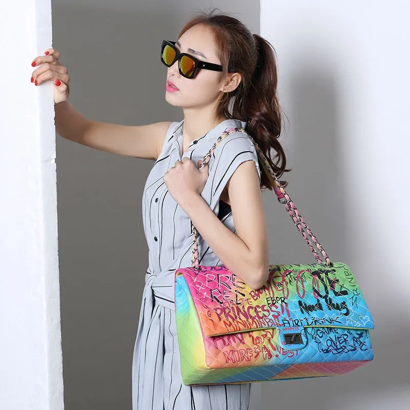 Amberler Luxury Designer PU Leather Women Shoulder Bag Large Capacity Ladies Chain Printed Crossbody Bags Fashion Female Handbag