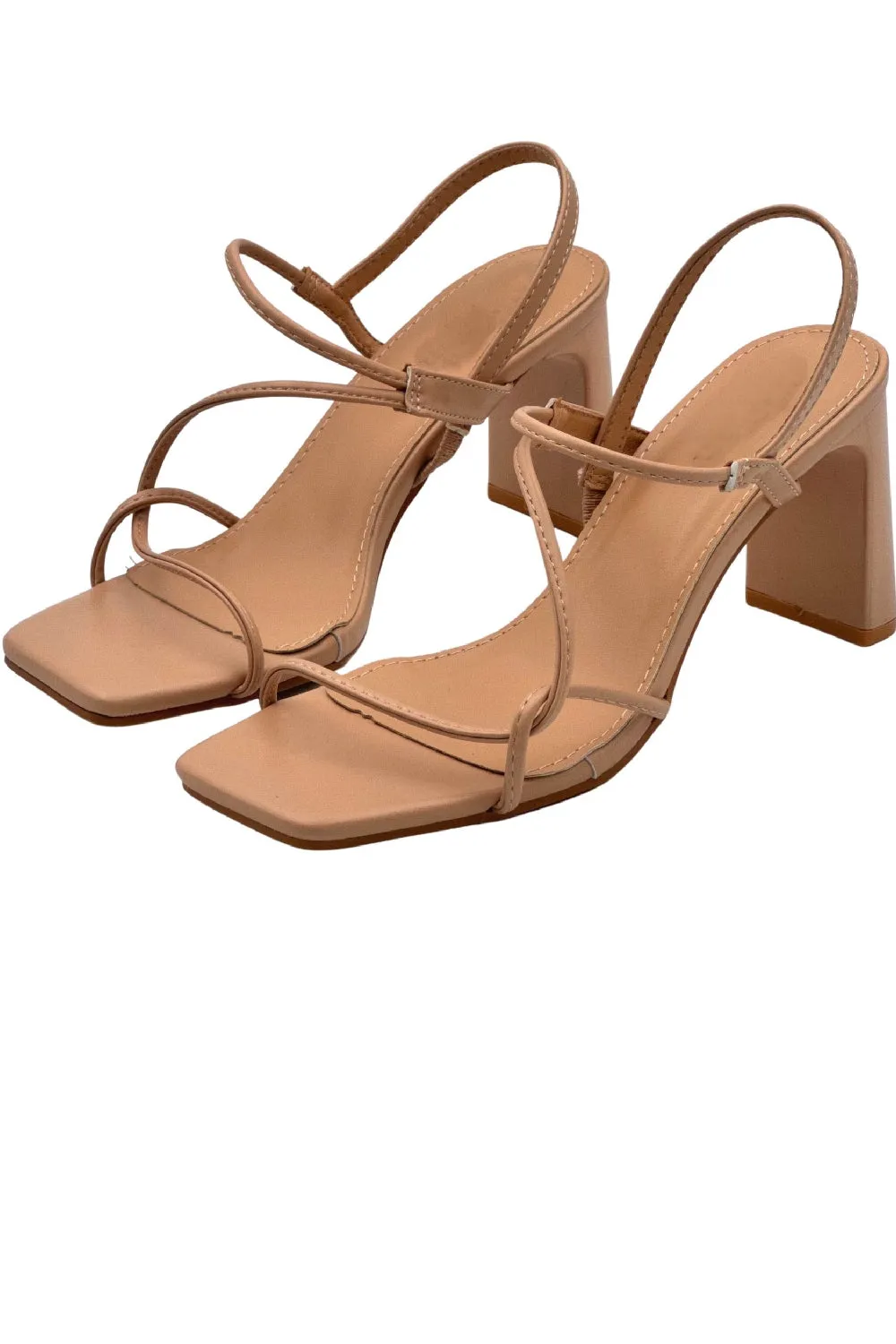 BEIGE STRAPPY PARTY SANDALS BLOCK HEELS