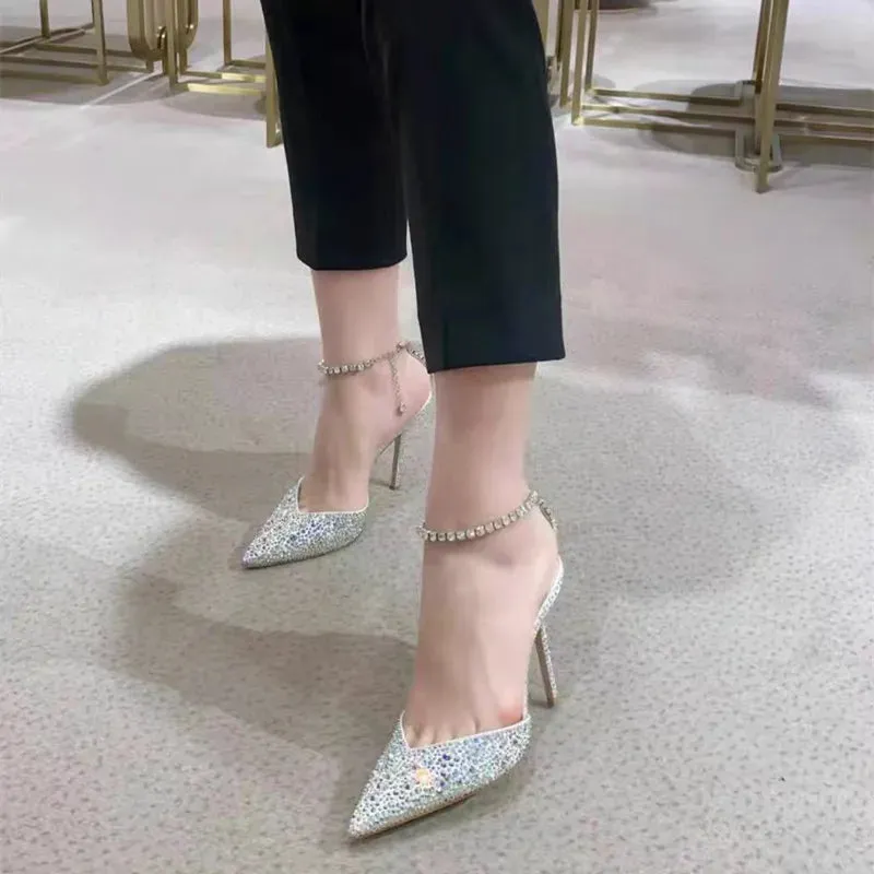 binfenxie Luxury Rhinestones Sequined Ankle Strap Women Pumps Elegant Stiletto High heels Spring Summer Fashion Crystal Wedding Prom Shoes