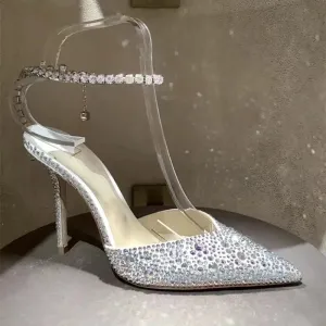 binfenxie Luxury Rhinestones Sequined Ankle Strap Women Pumps Elegant Stiletto High heels Spring Summer Fashion Crystal Wedding Prom Shoes