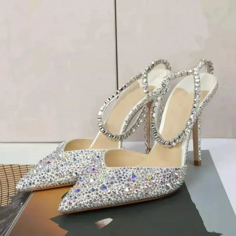 binfenxie Luxury Rhinestones Sequined Ankle Strap Women Pumps Elegant Stiletto High heels Spring Summer Fashion Crystal Wedding Prom Shoes