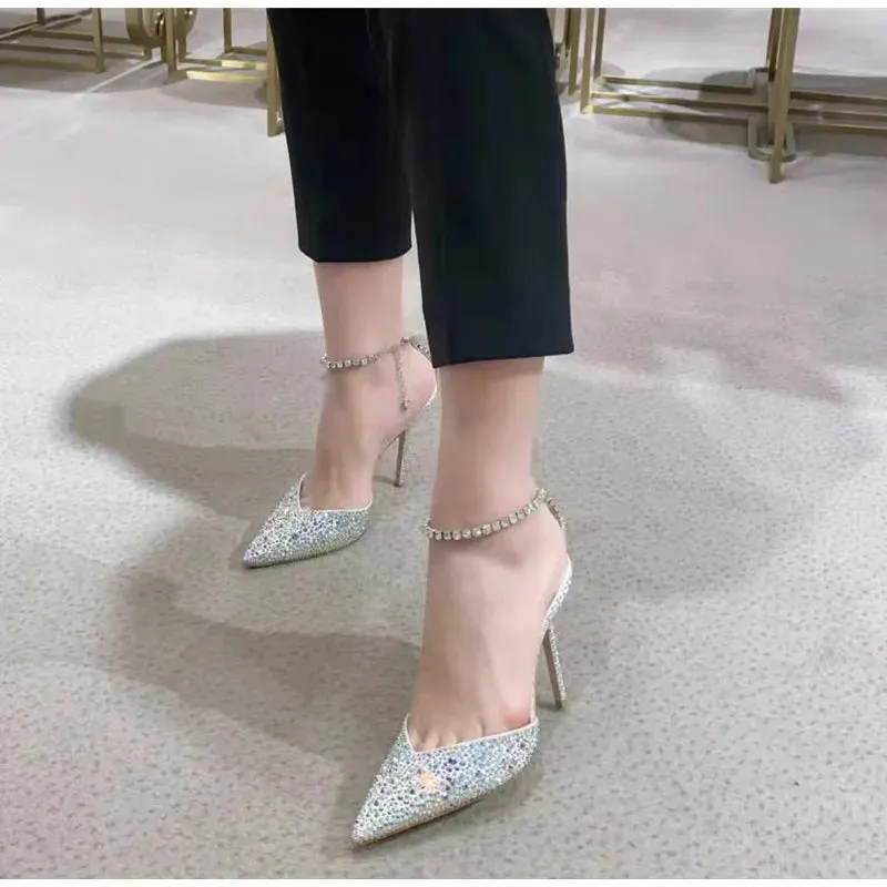 binfenxie Luxury Rhinestones Sequined Ankle Strap Women Pumps Elegant Stiletto High heels Spring Summer Fashion Crystal Wedding Prom Shoes