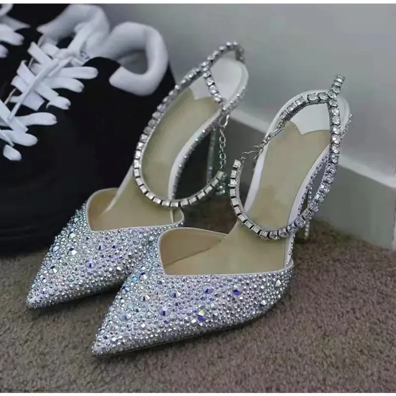 binfenxie Luxury Rhinestones Sequined Ankle Strap Women Pumps Elegant Stiletto High heels Spring Summer Fashion Crystal Wedding Prom Shoes