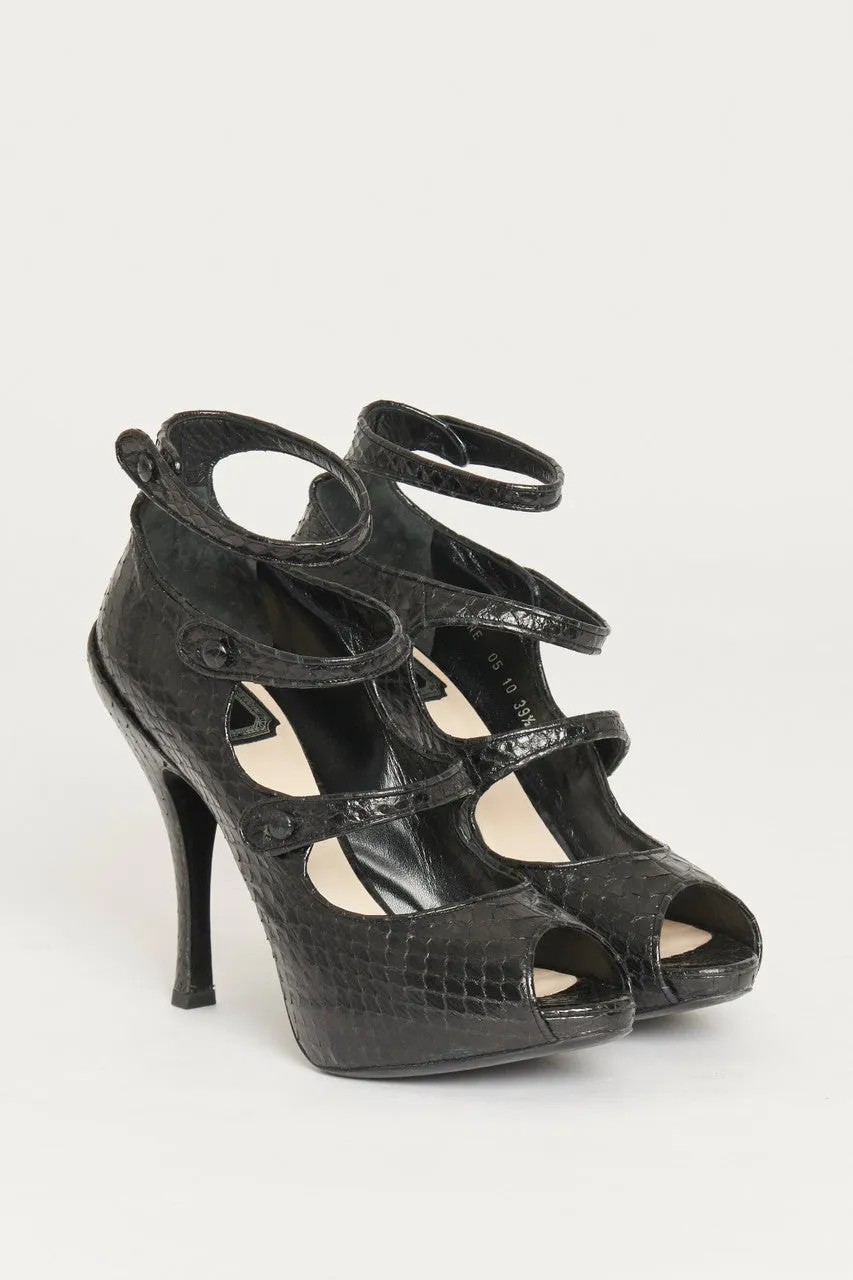 Black Python Strappy Preowned Spy Heeled Sandals