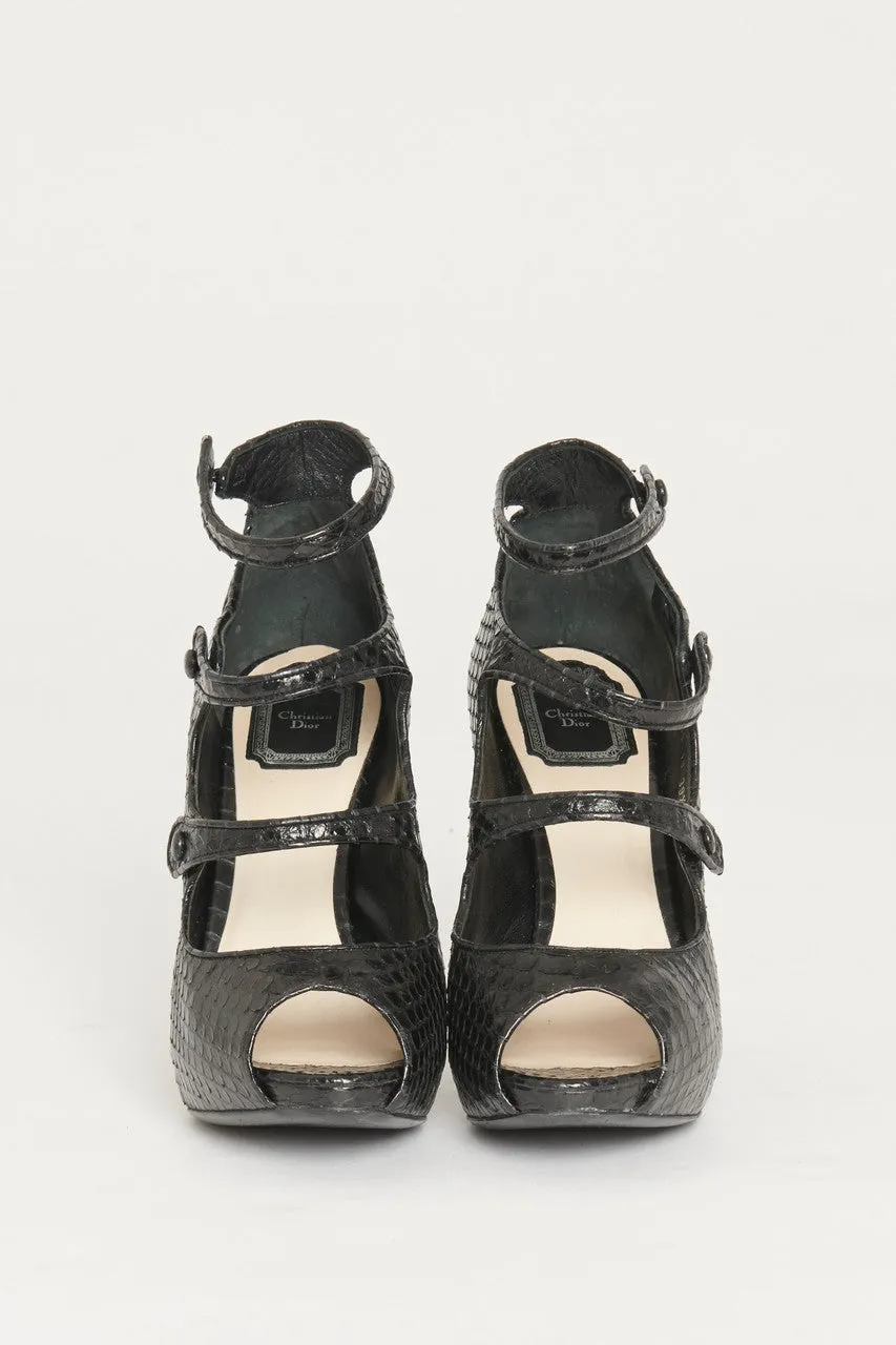 Black Python Strappy Preowned Spy Heeled Sandals