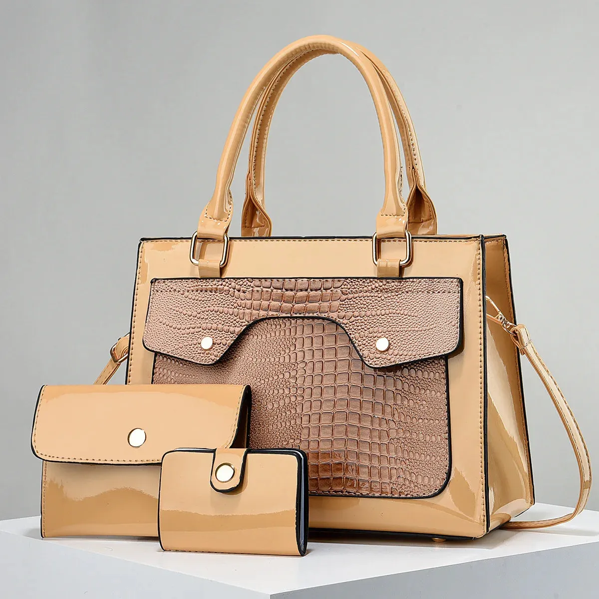 Bright Leather Crocodile Pattern Women's Tote Handbags Classic Style Composite Bag 3 Piece Set