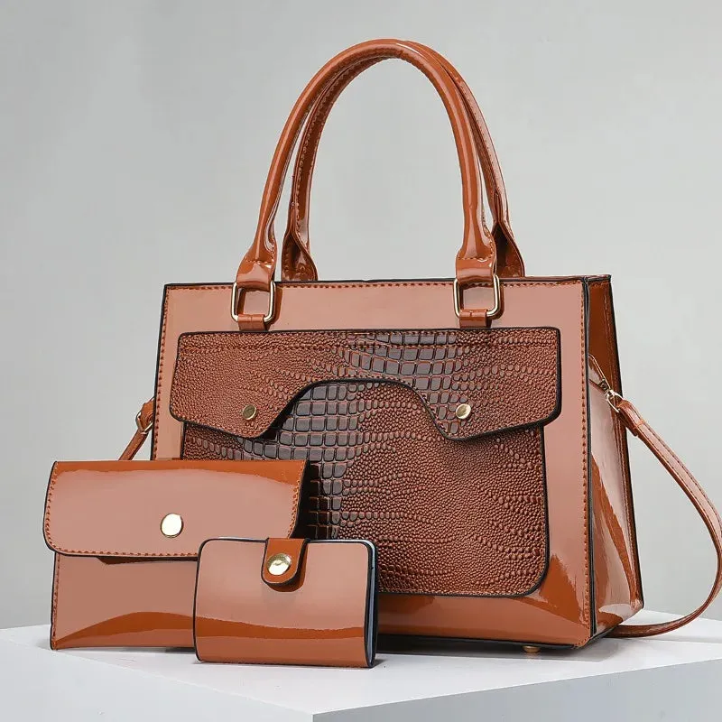 Bright Leather Crocodile Pattern Women's Tote Handbags Classic Style Composite Bag 3 Piece Set