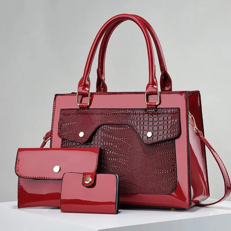 Bright Leather Crocodile Pattern Women's Tote Handbags Classic Style Composite Bag 3 Piece Set
