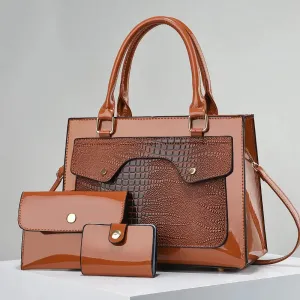 Bright Leather Crocodile Pattern Women's Tote Handbags Classic Style Composite Bag 3 Piece Set
