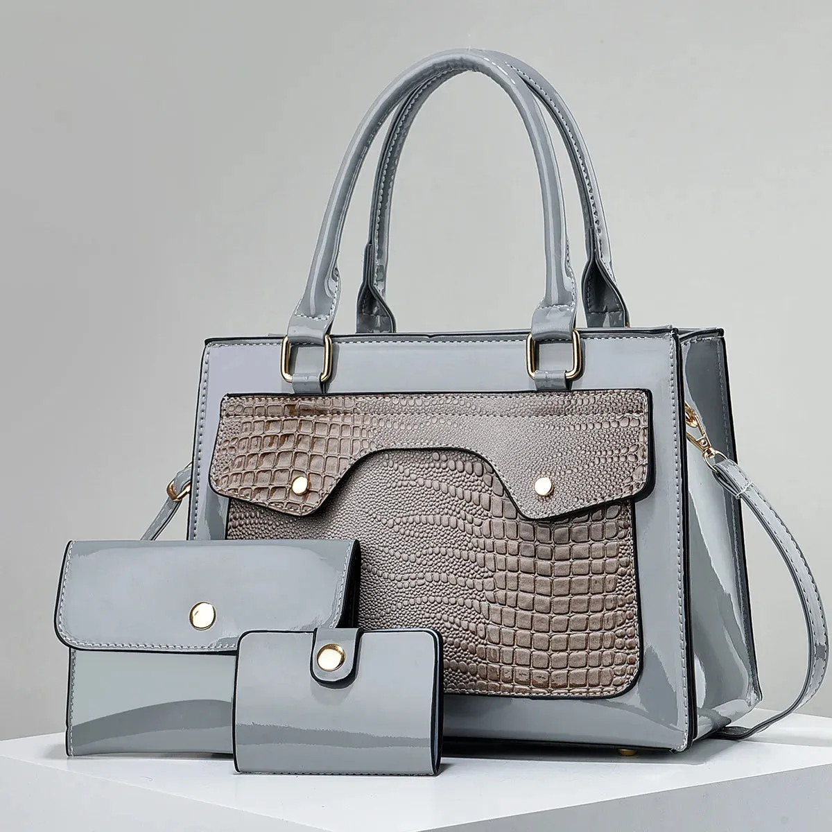 Bright Leather Crocodile Pattern Women's Tote Handbags Classic Style Composite Bag 3 Piece Set