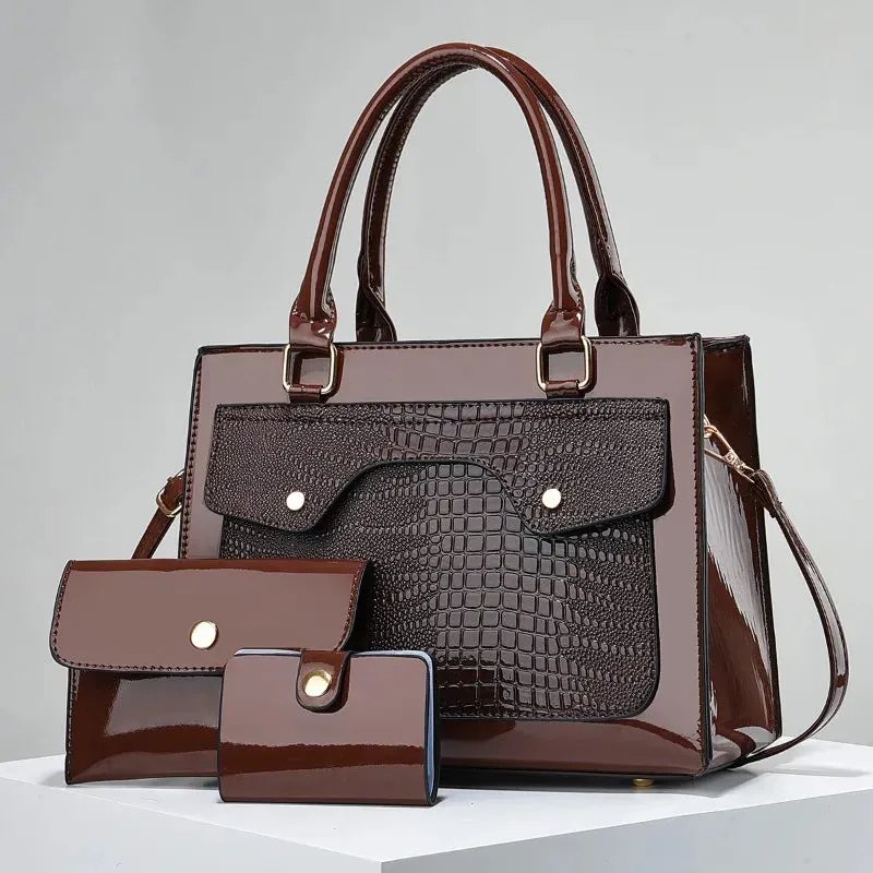 Bright Leather Crocodile Pattern Women's Tote Handbags Classic Style Composite Bag 3 Piece Set
