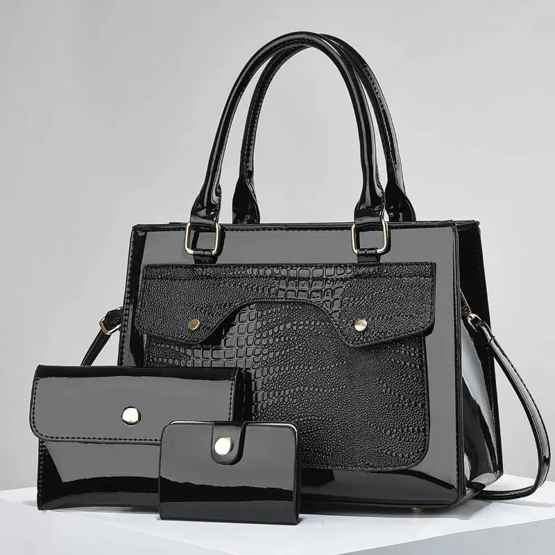 Bright Leather Crocodile Pattern Women's Tote Handbags Classic Style Composite Bag 3 Piece Set
