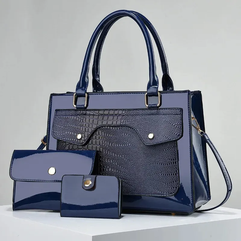Bright Leather Crocodile Pattern Women's Tote Handbags Classic Style Composite Bag 3 Piece Set