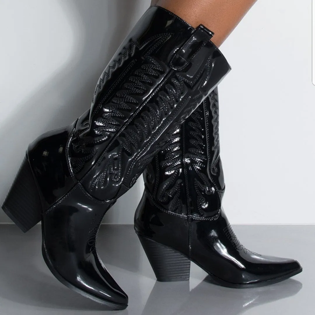 Cape Robbin Southern Belle Western Tall Shaft Pointed Toe Block Heel Cowboy Boot (10, BLACK)