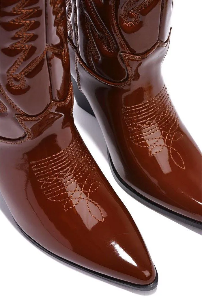 Cape Robbin Southern Belle Western Tall Shaft Pointed Toe Block Heel Cowboy Boot (7.5, BROWN)