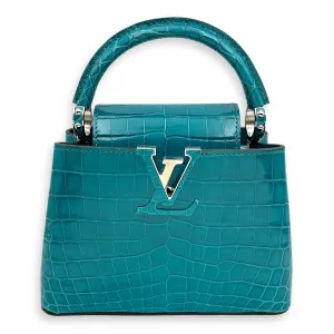 Capucines Mini Turquoise Crossbody Bag in Crocodilien Brillant, Silver hardware