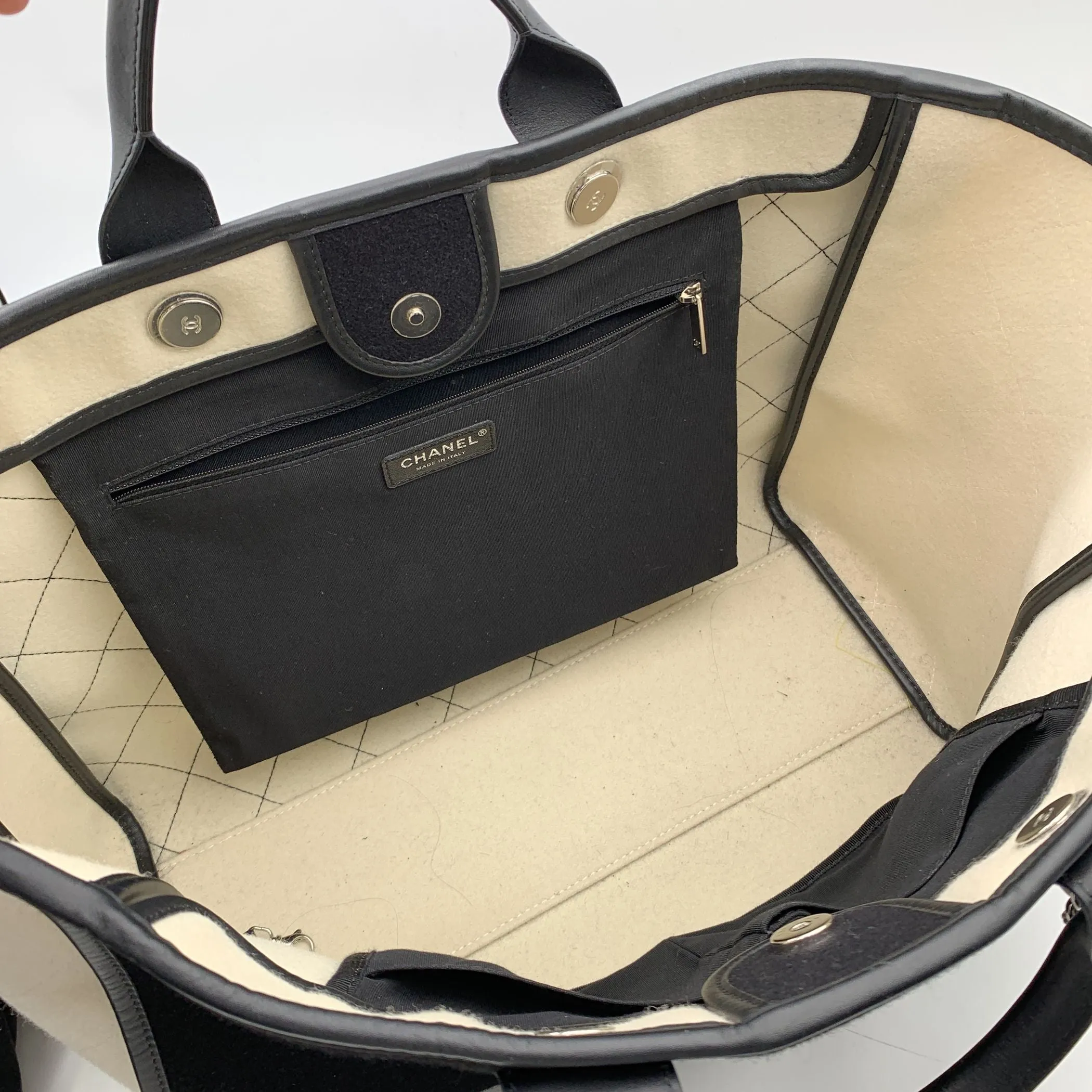 CHANEL Black And White Felt Wool Large Deauville Tote Shoulder Bag