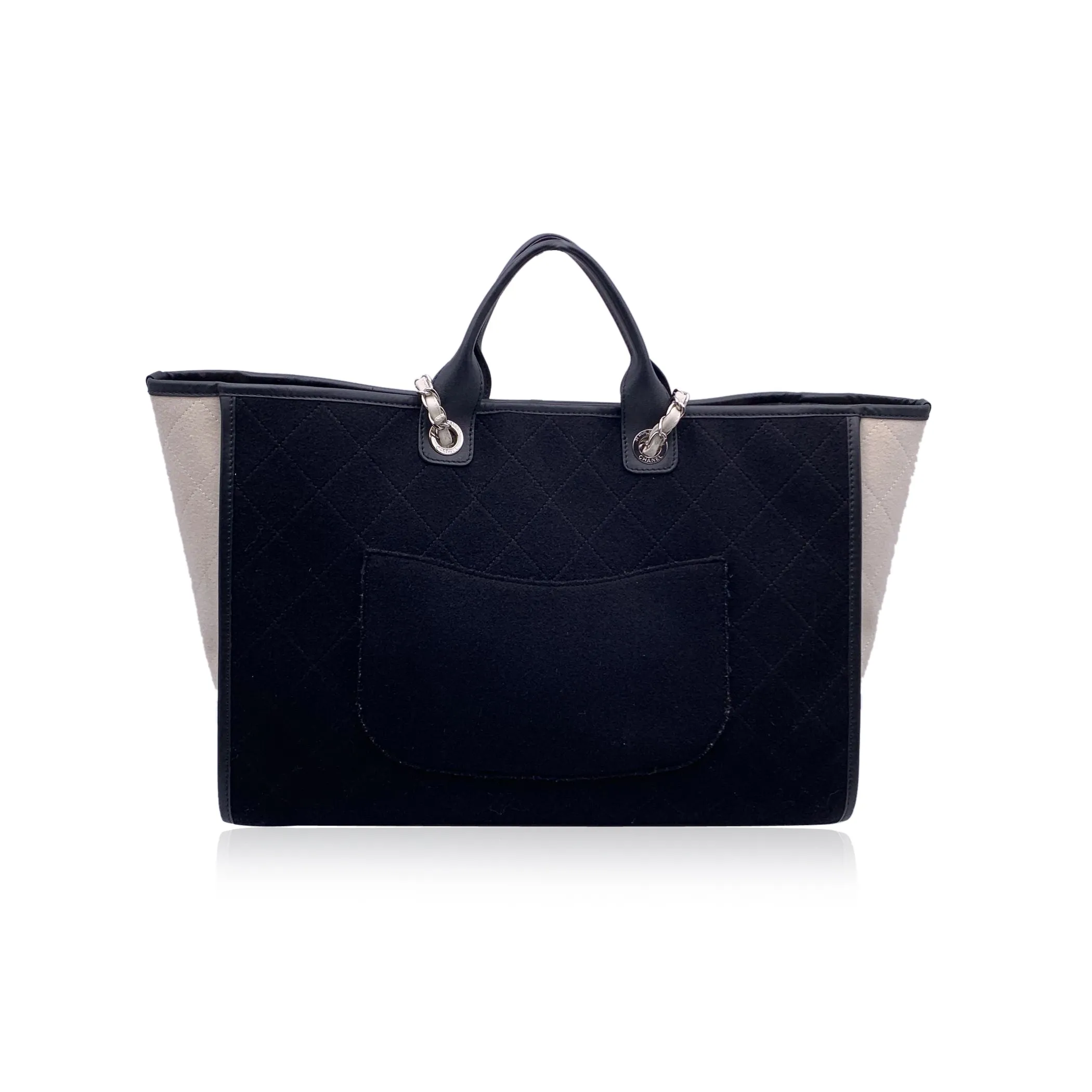 CHANEL Black And White Felt Wool Large Deauville Tote Shoulder Bag