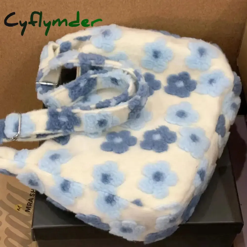 Cyflymder Autumn Winter Flower Lamb Wool Plush Bag Student Large Capacity Tote Bag Shoulder Bag Women Bag Crossbody Bags for Women