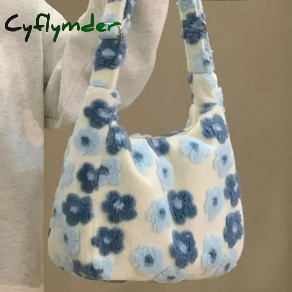 Cyflymder Autumn Winter Flower Lamb Wool Plush Bag Student Large Capacity Tote Bag Shoulder Bag Women Bag Crossbody Bags for Women