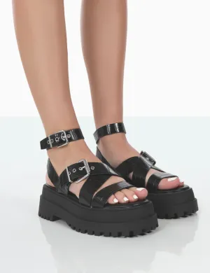 Follow Wide Fit Black PU Croc Chunky Buckle Sandals