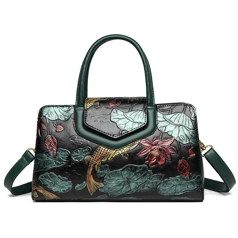 Luxury Fashion Shoulder Bag for Women Floral Patterned Leather Boston Handbags