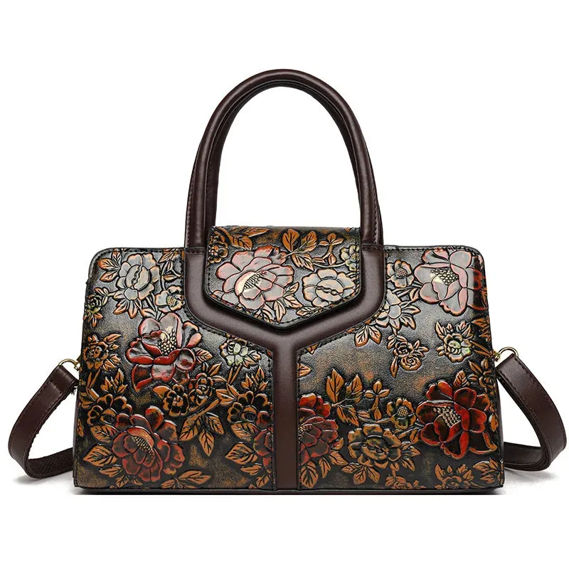 Luxury Fashion Shoulder Bag for Women Floral Patterned Leather Boston Handbags