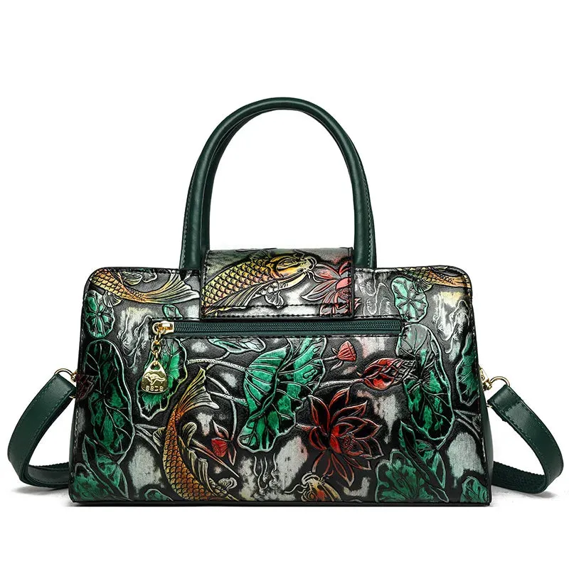 Luxury Fashion Shoulder Bag for Women Floral Patterned Leather Boston Handbags