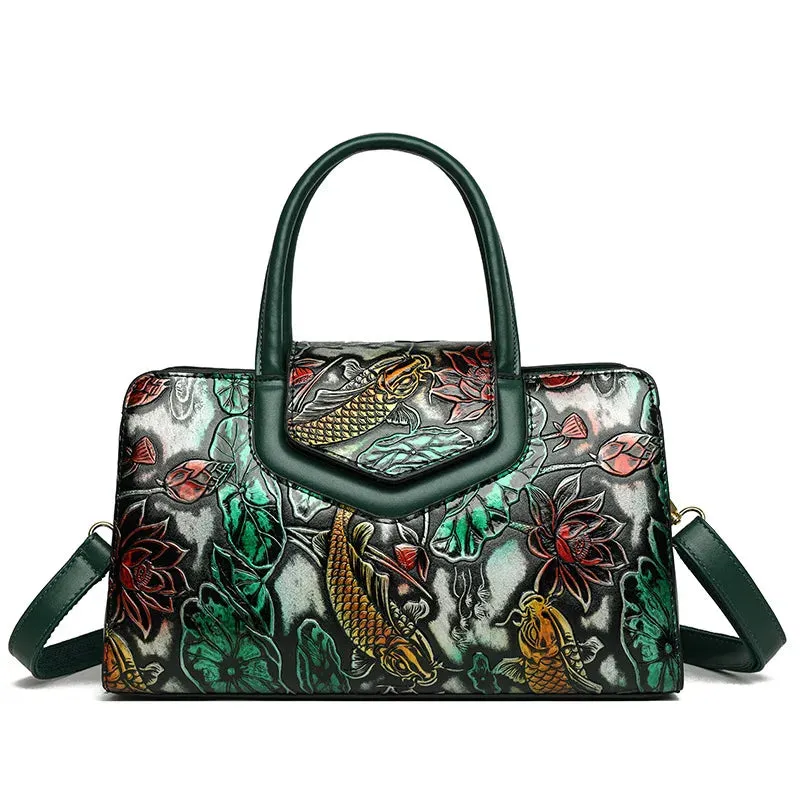 Luxury Fashion Shoulder Bag for Women Floral Patterned Leather Boston Handbags