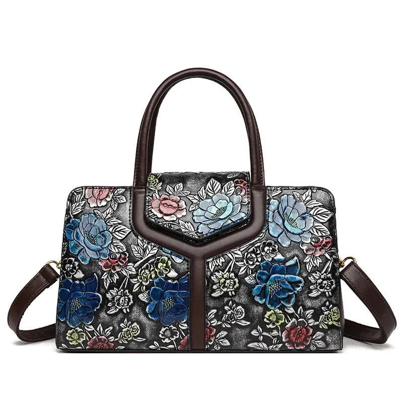Luxury Fashion Shoulder Bag for Women Floral Patterned Leather Boston Handbags