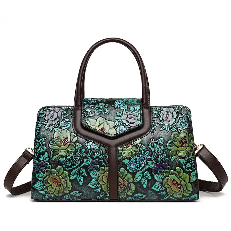 Luxury Fashion Shoulder Bag for Women Floral Patterned Leather Boston Handbags