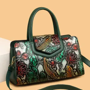 Luxury Fashion Shoulder Bag for Women Floral Patterned Leather Boston Handbags