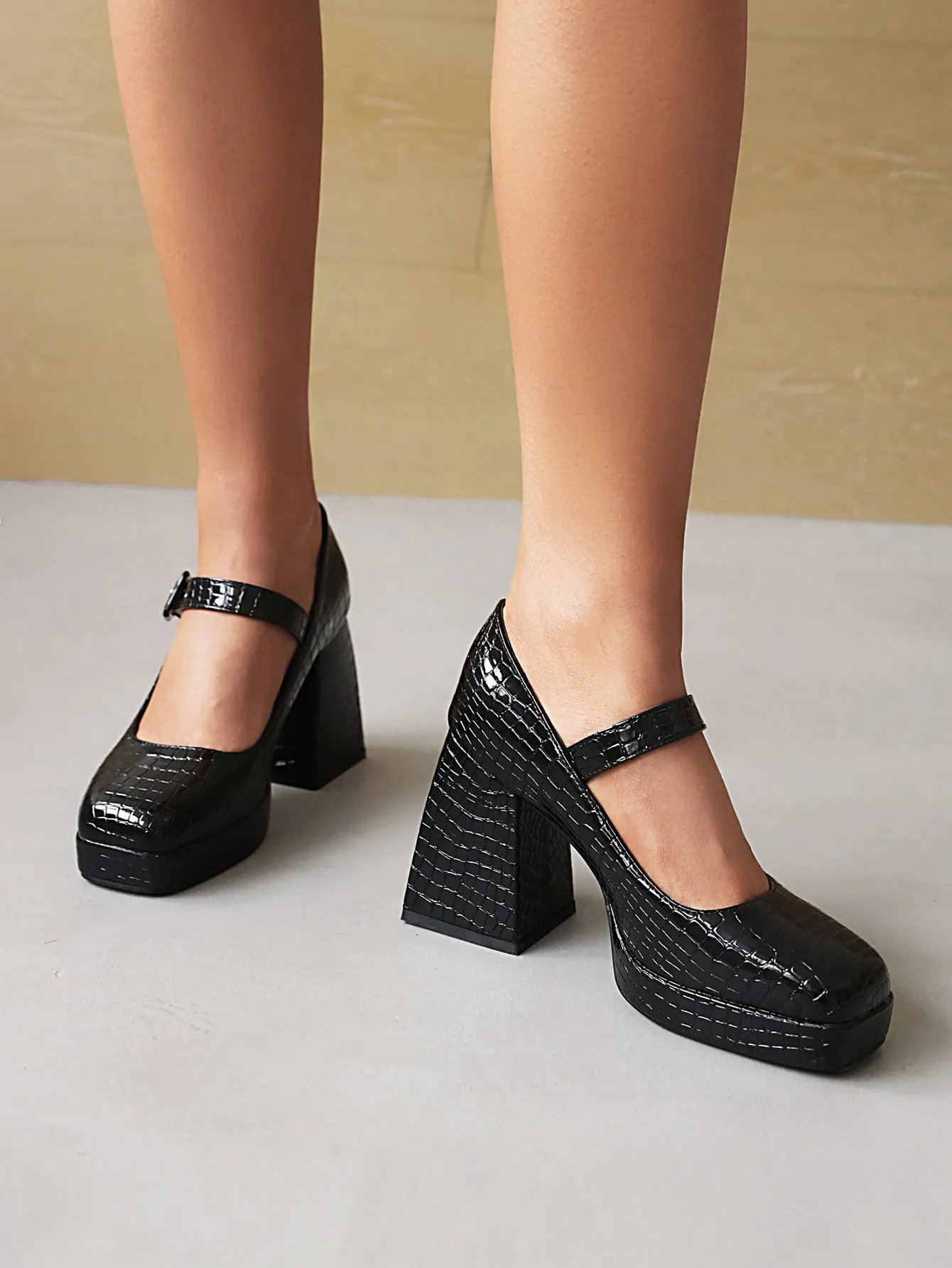 Mary Janes Sqaure Toe Animal-print Platform Pumps Chunky Heels for Women
