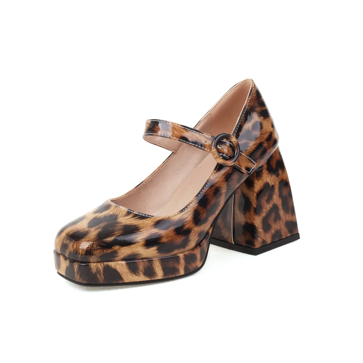 Mary Janes Sqaure Toe Animal-print Platform Pumps Chunky Heels for Women