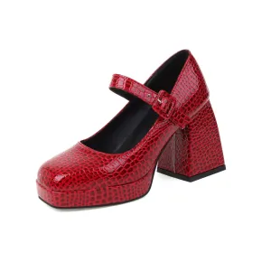 Mary Janes Sqaure Toe Animal-print Platform Pumps Chunky Heels for Women