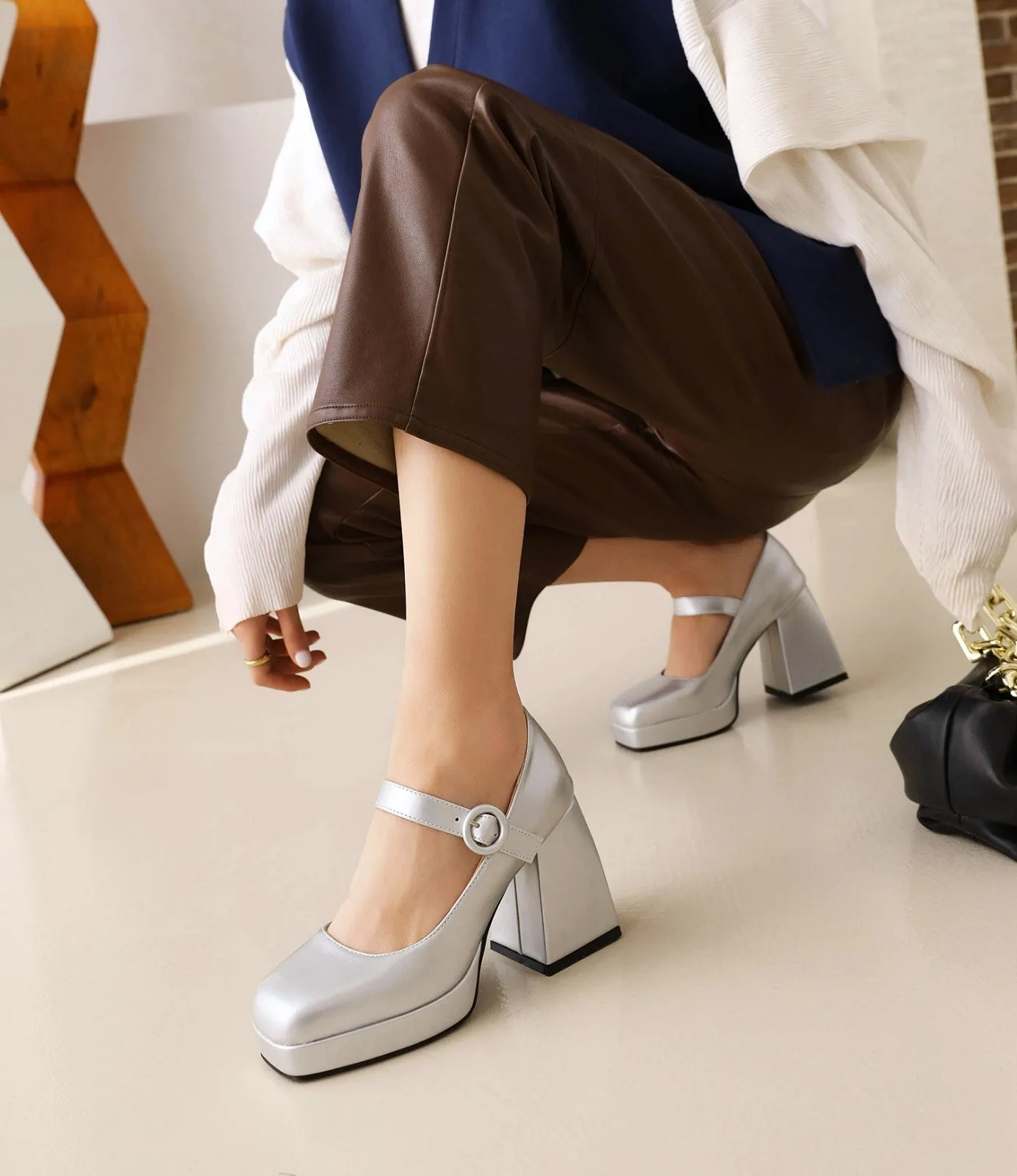 Mary Janes Sqaure Toe Animal-print Platform Pumps Chunky Heels for Women