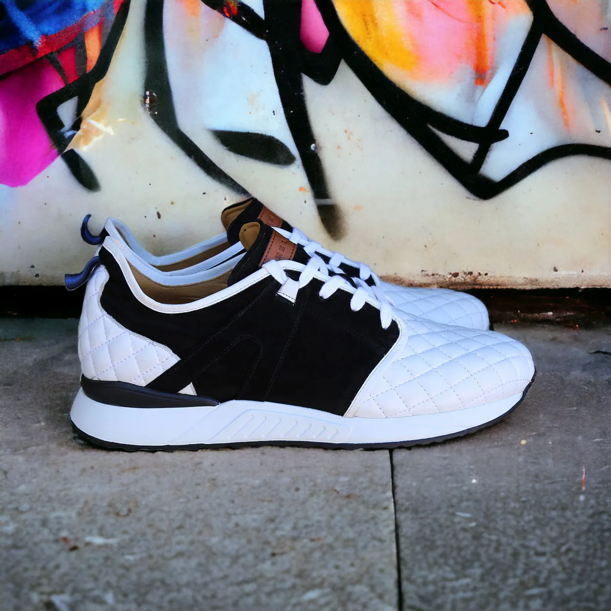 Mezlan A20742 Men's Shoes White & Black Suede / Quilted Leather Casual Sneakers (MZS3639)