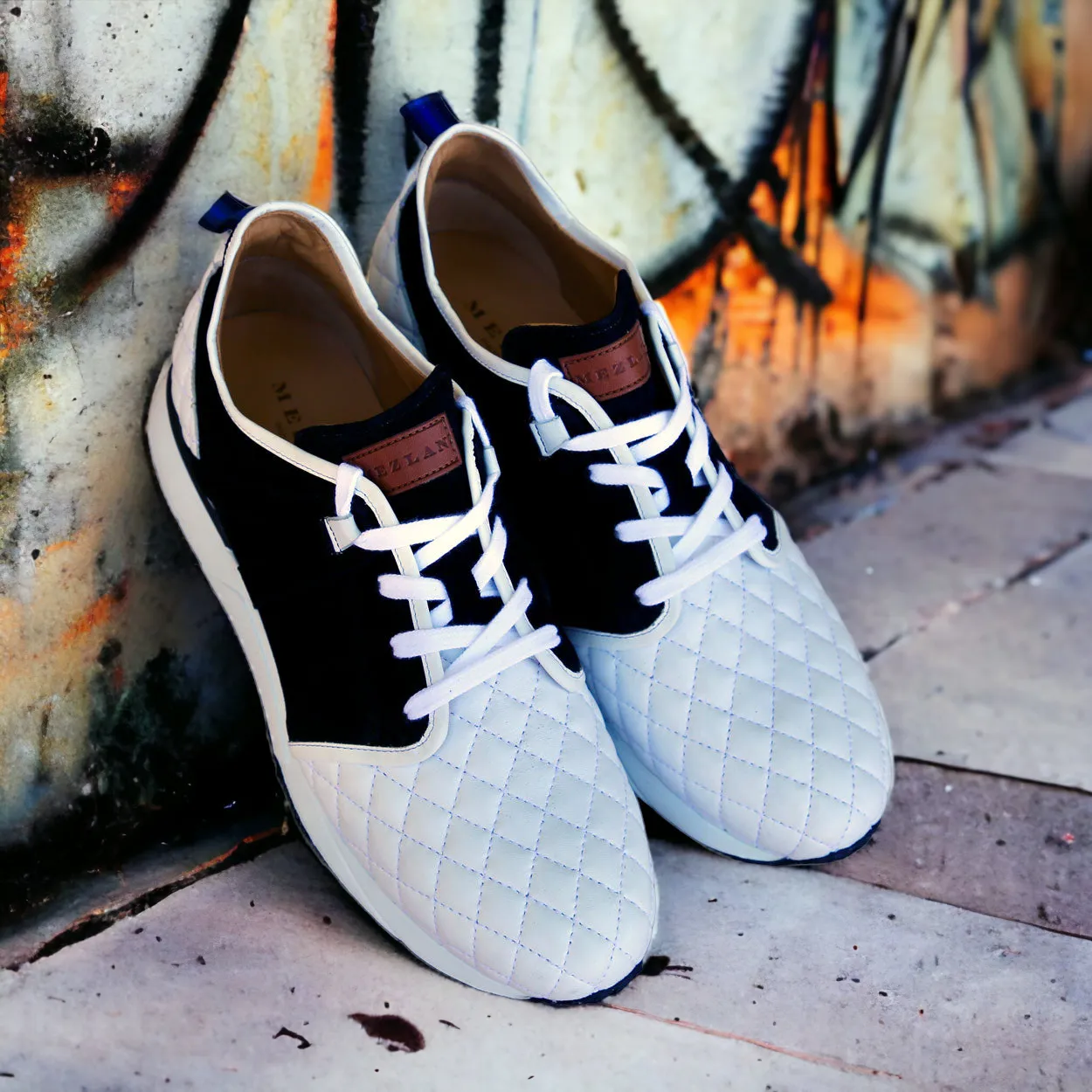 Mezlan A20742 Men's Shoes White & Black Suede / Quilted Leather Casual Sneakers (MZS3639)