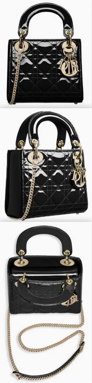 Mini "Lady Dior" Bag with Chain in Black Patent Cannage Leather