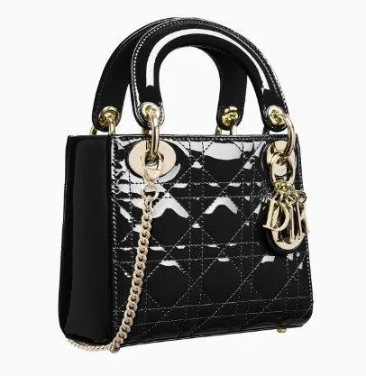 Mini "Lady Dior" Bag with Chain in Black Patent Cannage Leather