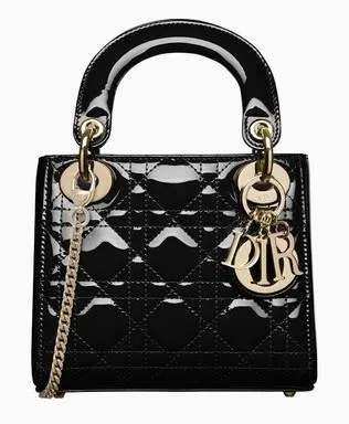 Mini "Lady Dior" Bag with Chain in Black Patent Cannage Leather
