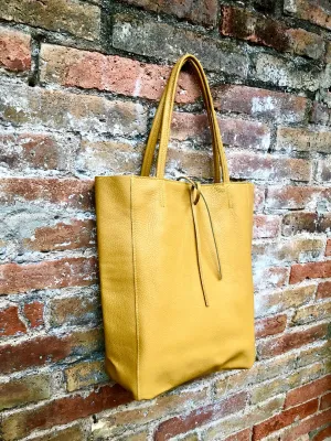 Mustard YELLOW tote leather bag. Soft natural GENUINE leather bag. Large yellow leather shopper with ZIPPER.  Laptop or book bag in mustard.
