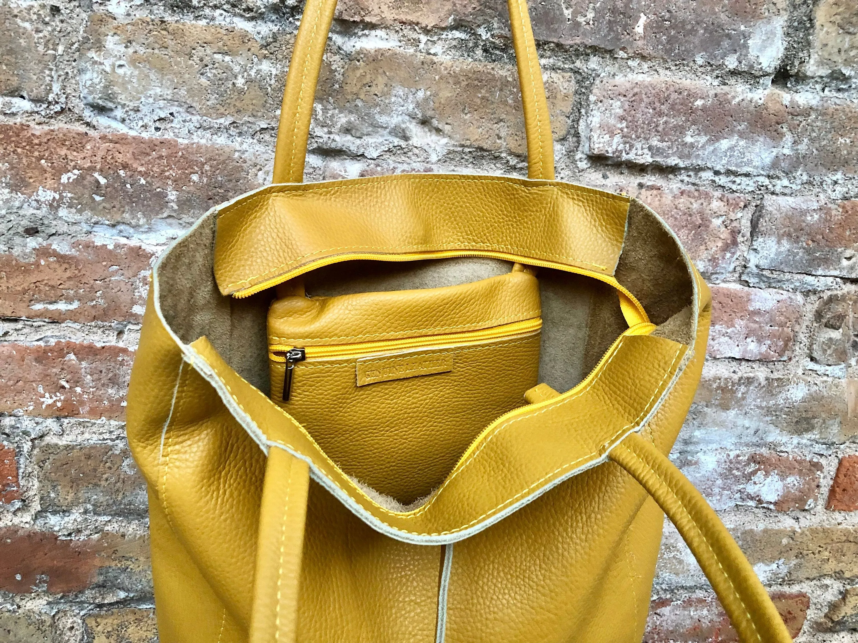 Mustard YELLOW tote leather bag. Soft natural GENUINE leather bag. Large yellow leather shopper with ZIPPER.  Laptop or book bag in mustard.