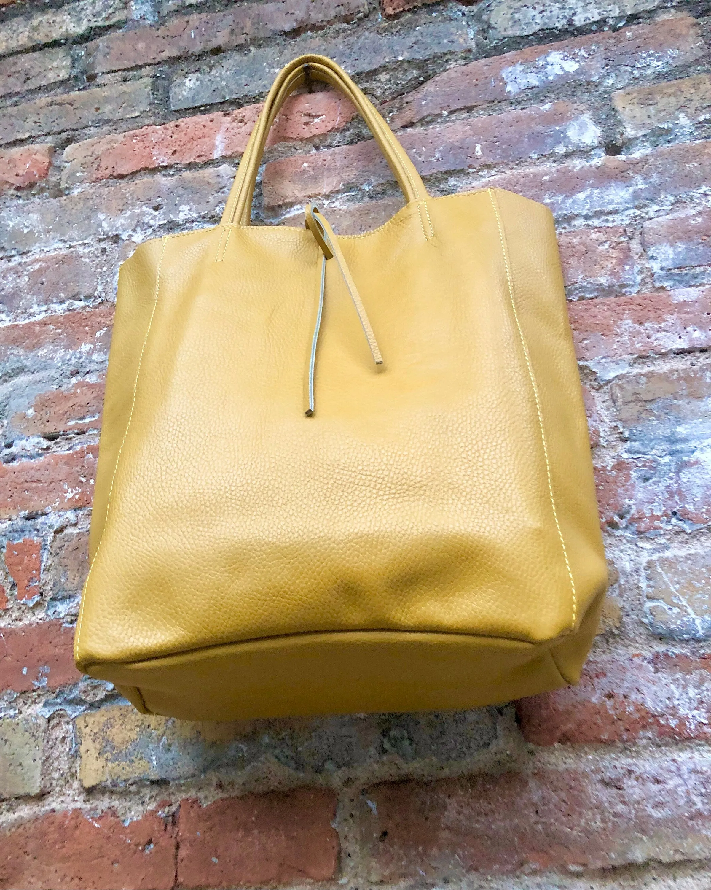 Mustard YELLOW tote leather bag. Soft natural GENUINE leather bag. Large yellow leather shopper with ZIPPER.  Laptop or book bag in mustard.