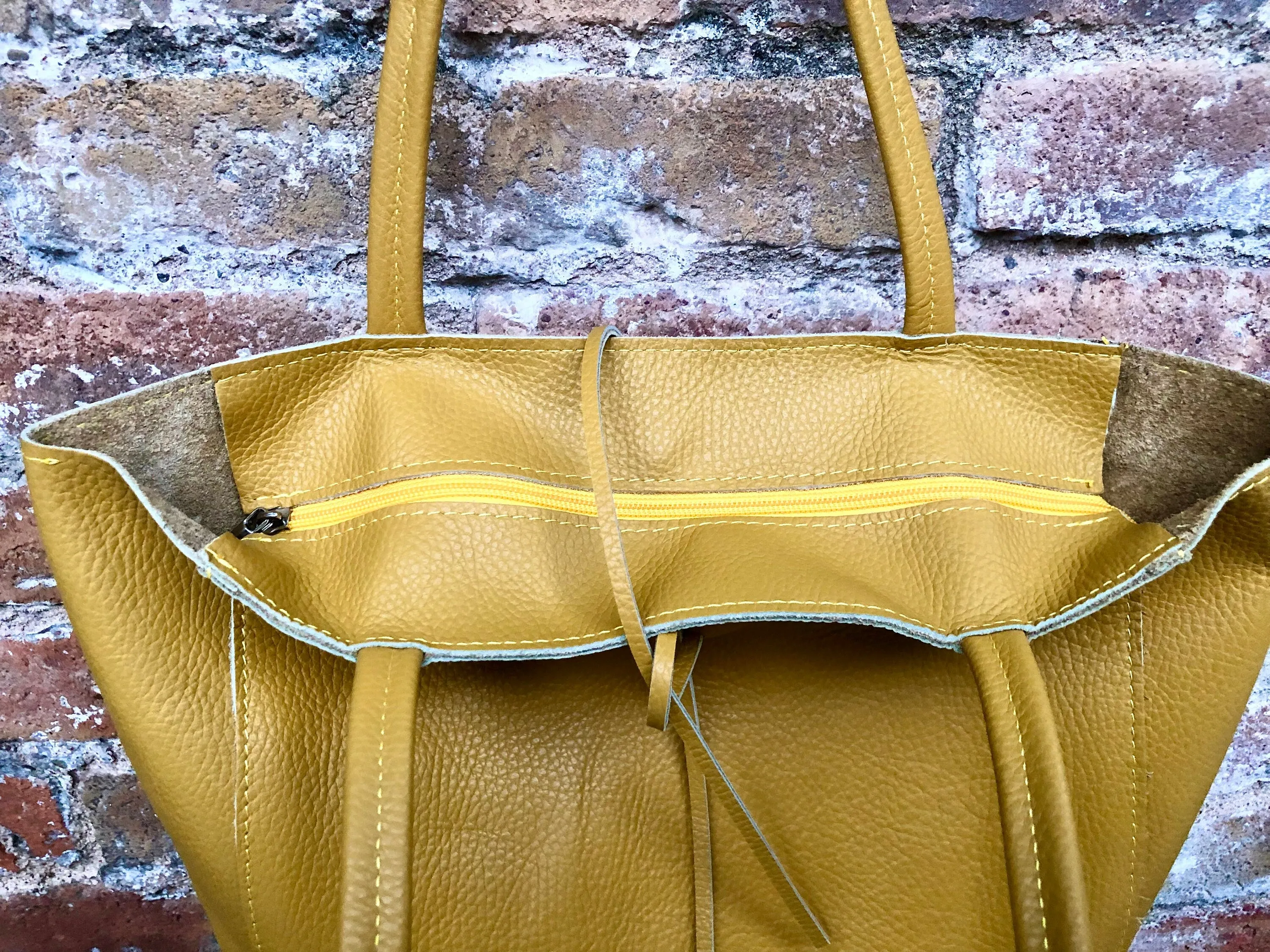 Mustard YELLOW tote leather bag. Soft natural GENUINE leather bag. Large yellow leather shopper with ZIPPER.  Laptop or book bag in mustard.