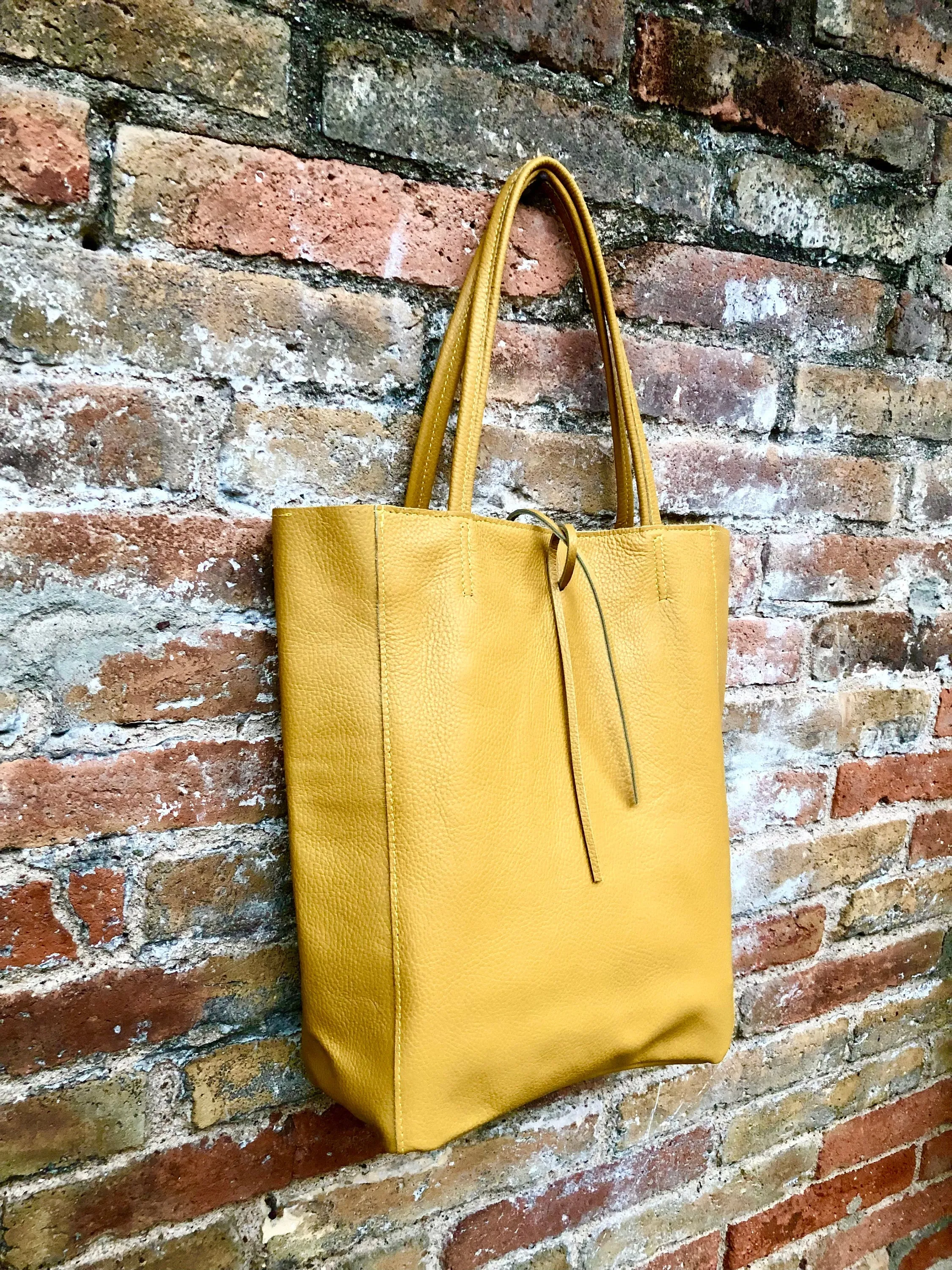 Mustard YELLOW tote leather bag. Soft natural GENUINE leather bag. Large yellow leather shopper with ZIPPER.  Laptop or book bag in mustard.