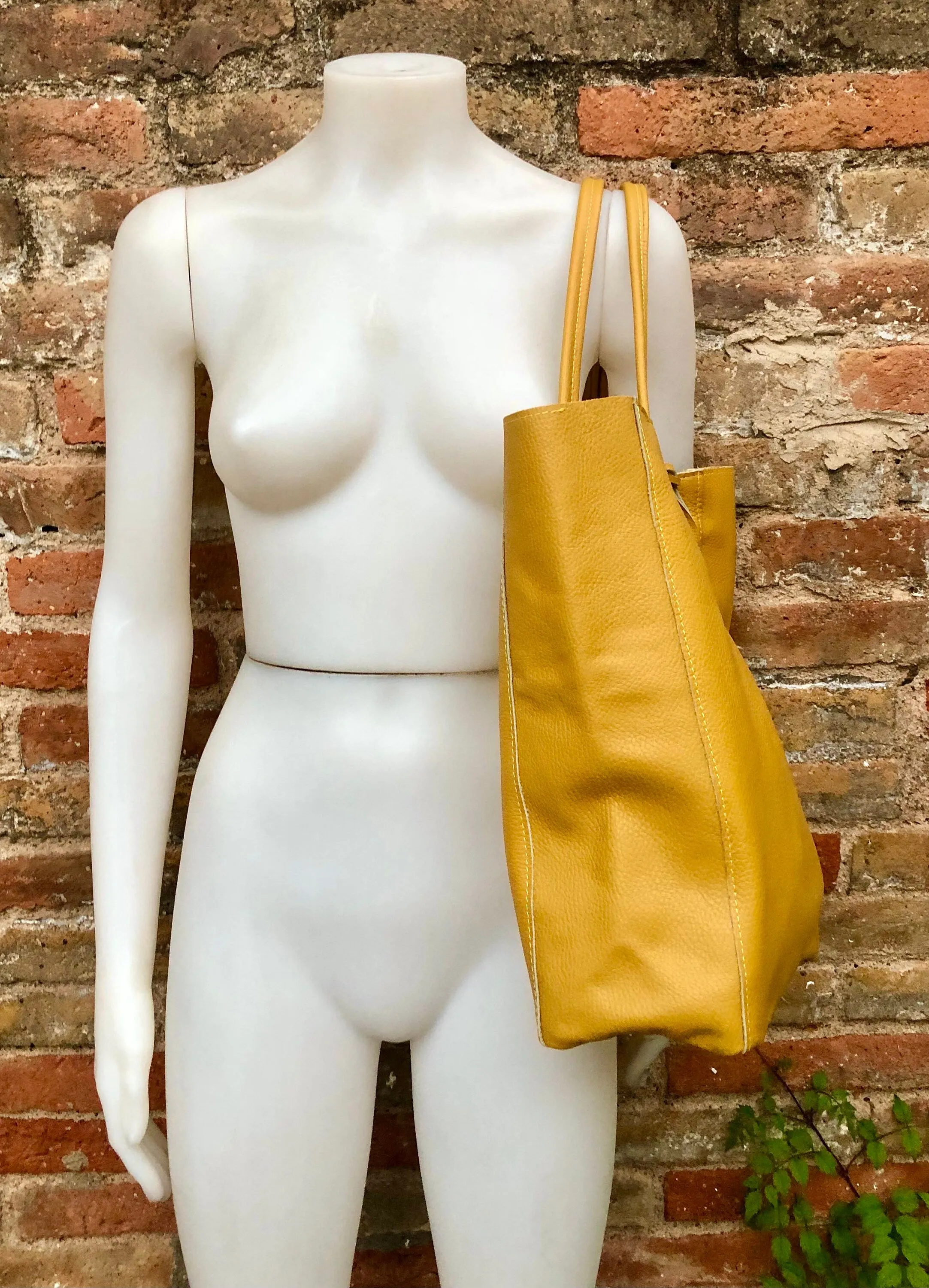 Mustard YELLOW tote leather bag. Soft natural GENUINE leather bag. Large yellow leather shopper with ZIPPER.  Laptop or book bag in mustard.