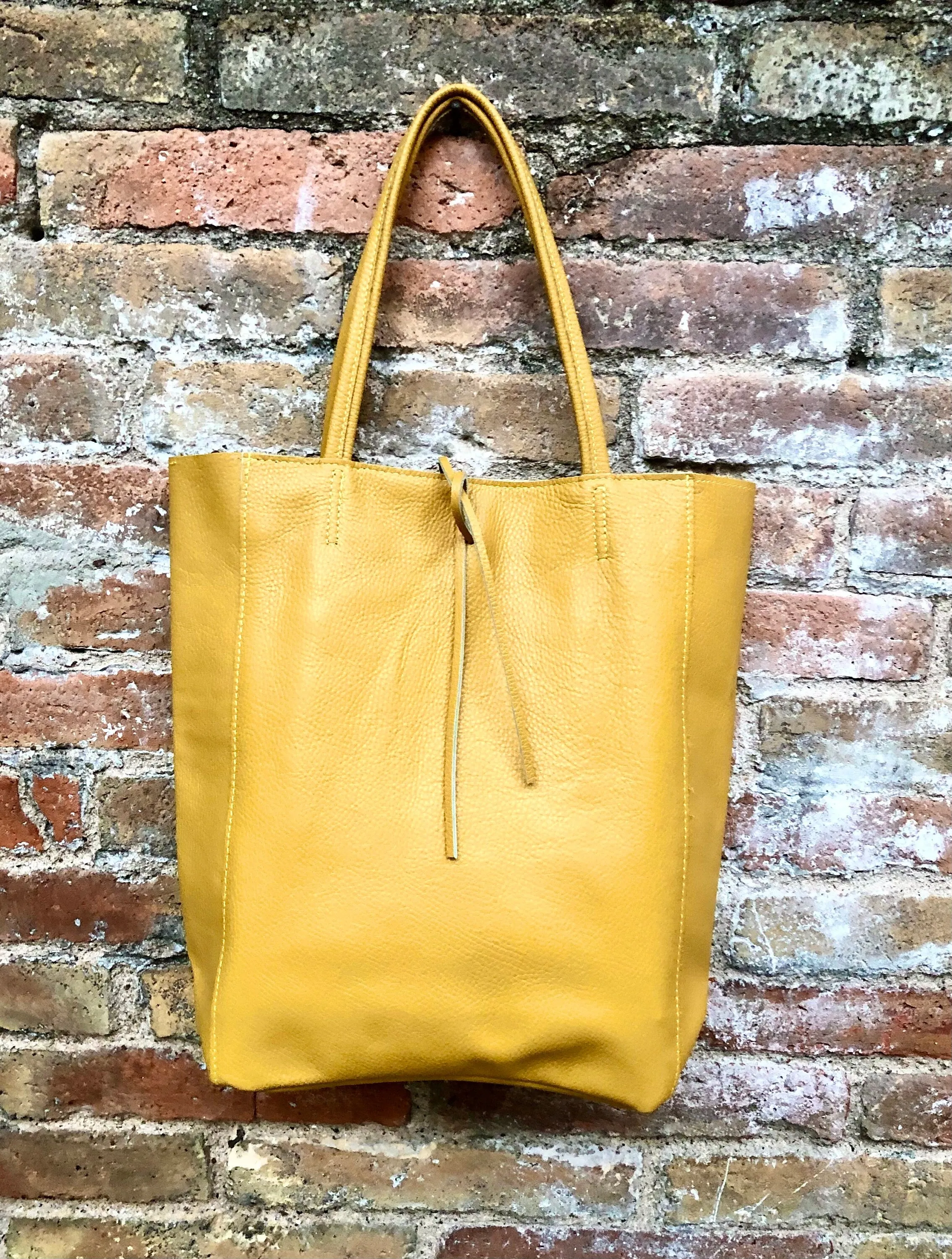 Mustard YELLOW tote leather bag. Soft natural GENUINE leather bag. Large yellow leather shopper with ZIPPER.  Laptop or book bag in mustard.
