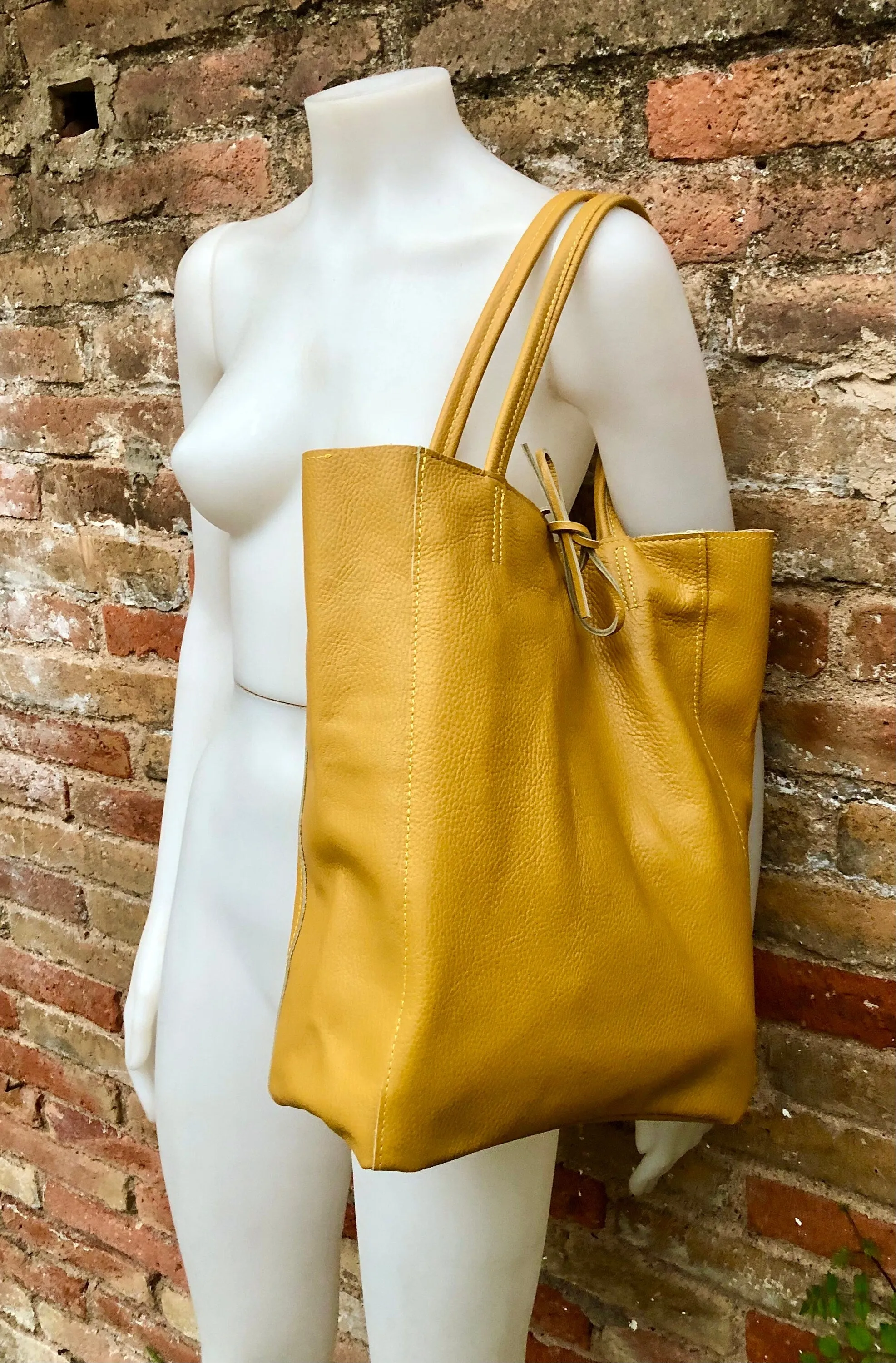Mustard YELLOW tote leather bag. Soft natural GENUINE leather bag. Large yellow leather shopper with ZIPPER.  Laptop or book bag in mustard.