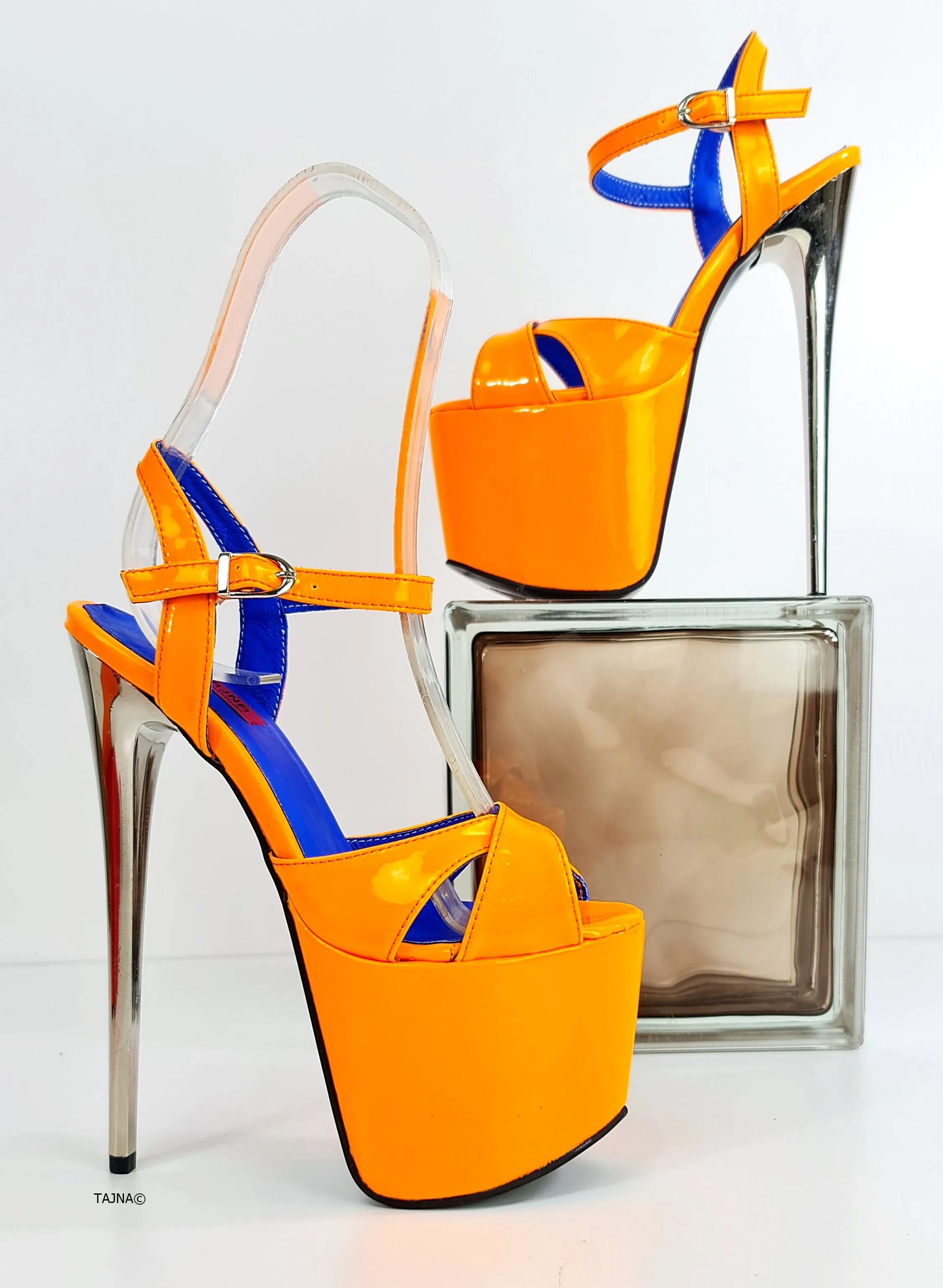 Orange Gloss Metallic Heel Sandals